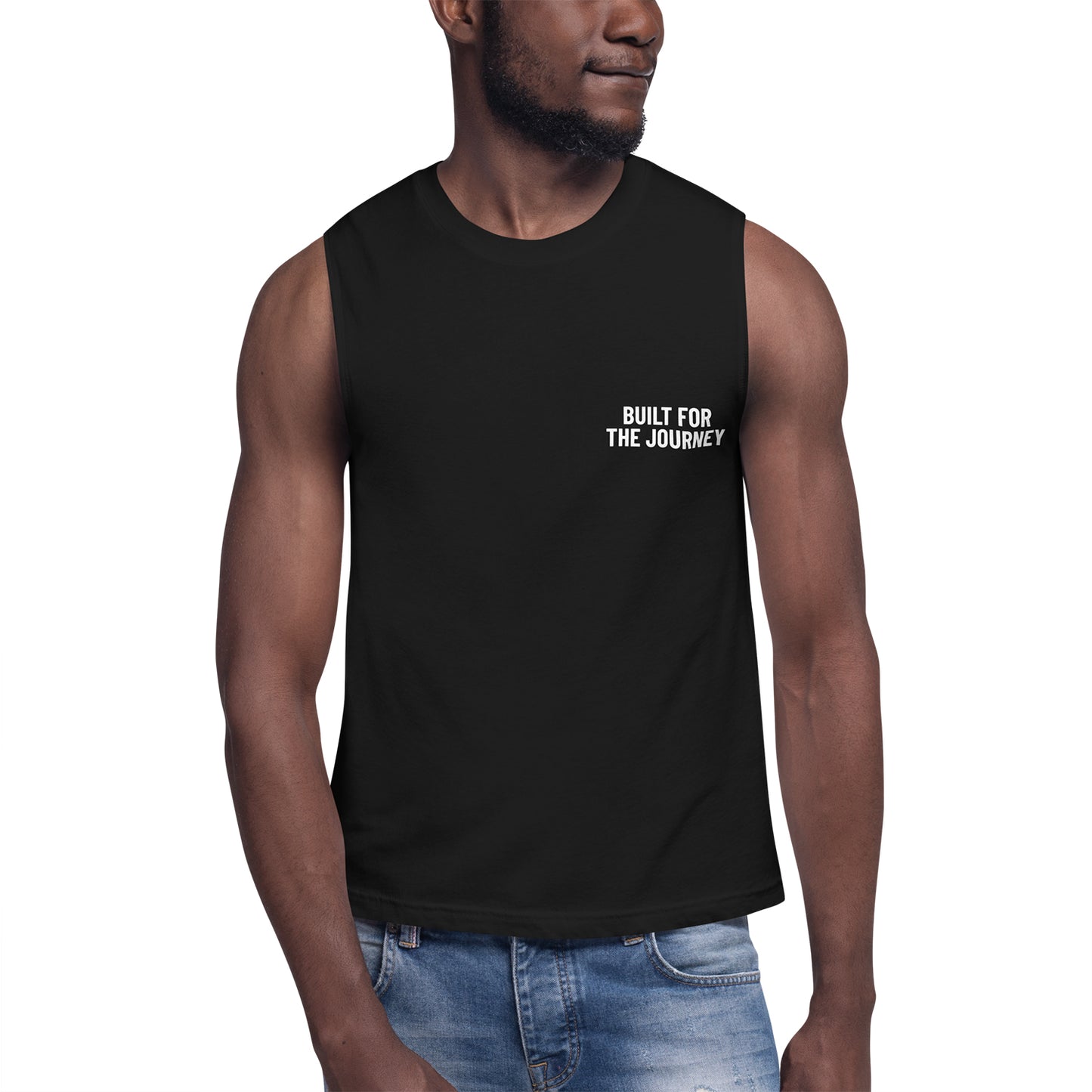 Man wearing a black Built for the Journey Performance Tank